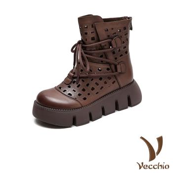【VECCHIO】全真皮幾何縷空厚底短靴/全真皮頭層牛皮復古幾何縷空方塊鬆糕厚底繫帶短靴 涼靴 女鞋 棕