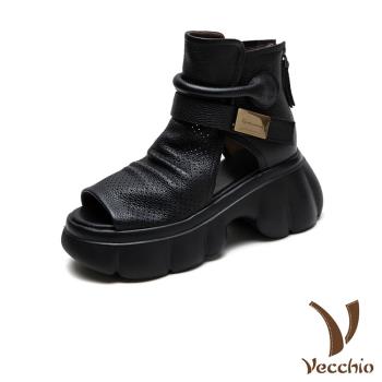 【VECCHIO】真皮挖空厚底羅馬涼鞋/真皮頭層牛皮透氣沖孔挖空厚底一字釦帶羅馬涼鞋 女鞋 黑