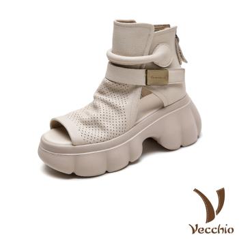 【VECCHIO】真皮挖空厚底羅馬涼鞋/真皮頭層牛皮透氣沖孔挖空厚底一字釦帶羅馬涼鞋 女鞋 米