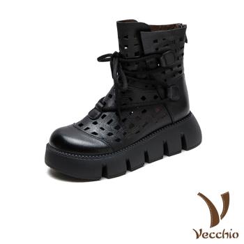 【VECCHIO】全真皮幾何縷空厚底短靴/全真皮頭層牛皮復古幾何縷空方塊鬆糕厚底繫帶短靴 涼靴 女鞋 黑