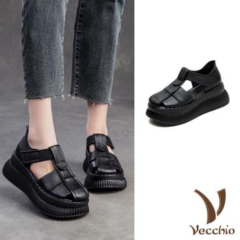 【VECCHIO】真皮厚底包頭涼鞋/真皮頭層牛皮復古鬆糕厚底包頭涼鞋 女鞋 黑