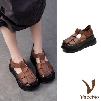 【VECCHIO】真皮厚底包頭涼鞋/真皮頭層牛皮復古鬆糕厚底包頭涼鞋 女鞋 棕