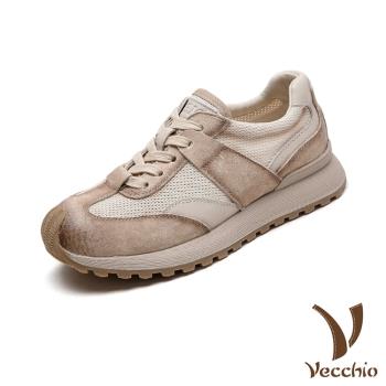 【VECCHIO】真皮透氣網布拼接時尚休閒鞋/真皮頭層牛皮透氣網布拼接復古時尚休閒鞋 女鞋 米
