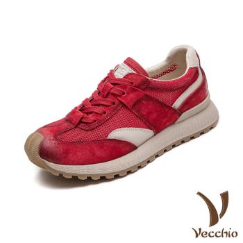 【VECCHIO】真皮透氣網布拼接時尚休閒鞋/真皮頭層牛皮透氣網布拼接復古時尚休閒鞋 女鞋 紅