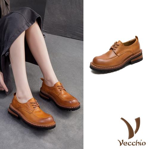 【VECCHIO】馬皮法式大圓頭繫帶休閒鞋/全真皮馬皮法式復古大圓頭繫帶休閒鞋 女鞋 棕