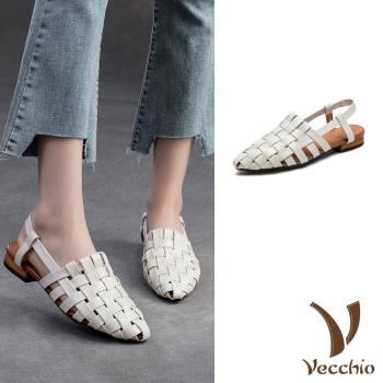 【VECCHIO】全真皮擦色編織尖頭涼鞋/全真皮頭層牛皮復古擦色編織尖頭涼鞋 女鞋 米