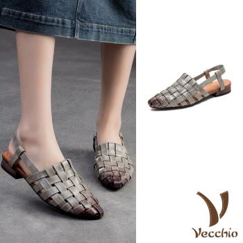 【VECCHIO】全真皮擦色編織尖頭涼鞋/全真皮頭層牛皮復古擦色編織尖頭涼鞋 女鞋 灰