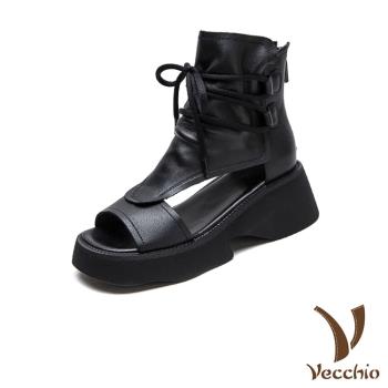 【VECCHIO】真皮厚底羅馬涼鞋/真皮頭層牛皮復古露趾厚底百搭繫帶羅馬涼鞋 女鞋 黑