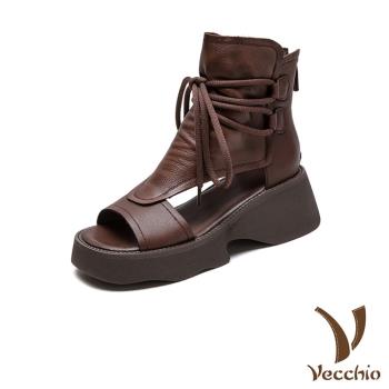 【VECCHIO】真皮厚底羅馬涼鞋/真皮頭層牛皮復古露趾厚底百搭繫帶羅馬涼鞋 女鞋 咖