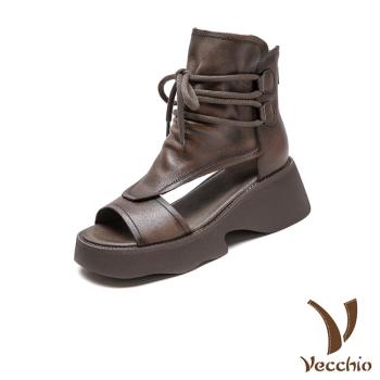 【VECCHIO】真皮厚底羅馬涼鞋/真皮頭層牛皮復古露趾厚底百搭繫帶羅馬涼鞋 女鞋 卡其