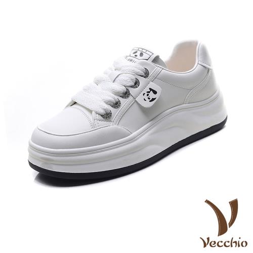 【VECCHIO】全真皮貓熊厚底休閒運動鞋/全真皮可愛貓熊印花厚底休閒運動鞋 女鞋 白