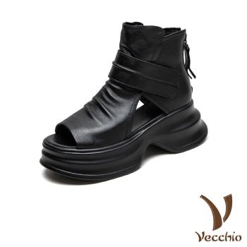 【VECCHIO】真皮露趾厚底羅馬涼鞋/真皮頭層牛皮復古露趾厚底羅馬涼鞋 女鞋 黑