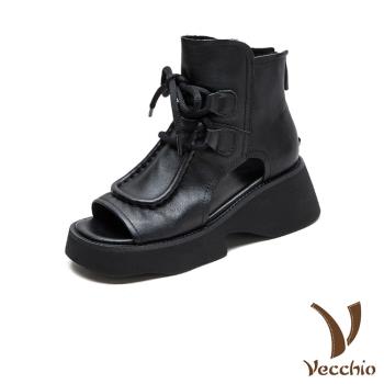 【VECCHIO】真皮厚底羅馬涼鞋/真皮頭層牛皮立體縫線滾邊繫帶厚底羅馬涼鞋 女鞋 黑