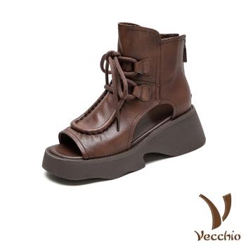 【VECCHIO】真皮厚底羅馬涼鞋/真皮頭層牛皮立體縫線滾邊繫帶厚底羅馬涼鞋 女鞋 咖