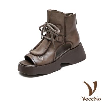 【VECCHIO】真皮厚底羅馬涼鞋/真皮頭層牛皮立體縫線滾邊繫帶厚底羅馬涼鞋 女鞋 卡其
