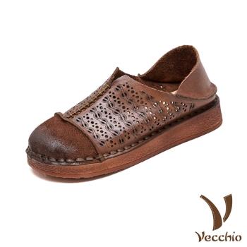 【VECCHIO】全真皮刻花兩穿厚底樂福鞋/全真皮頭層牛皮復古民族風縷空刻花兩穿法設計厚底樂福鞋 女鞋 棕