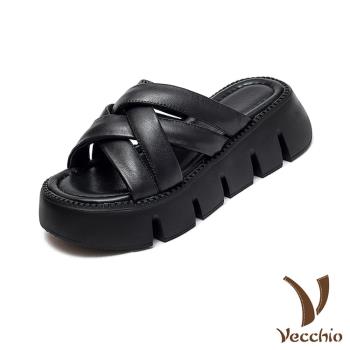 【VECCHIO】全真皮編織厚底拖鞋/全真皮頭層牛皮編織交叉造型鬆糕厚底拖鞋 女鞋 黑