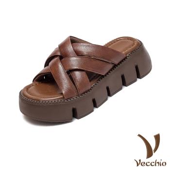 【VECCHIO】全真皮編織厚底拖鞋/全真皮頭層牛皮編織交叉造型鬆糕厚底拖鞋 女鞋 棕
