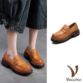 【VECCHIO】全真皮手工擦色經典樂福鞋/全真皮頭層牛皮百搭復古手工擦色經典樂福鞋 女鞋 棕