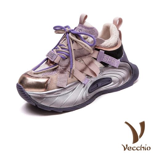 【VECCHIO】真皮彩色網布拼接厚底老爹鞋/真皮頭層豚皮個性彩色網布拼接厚底老爹鞋 女鞋 紫