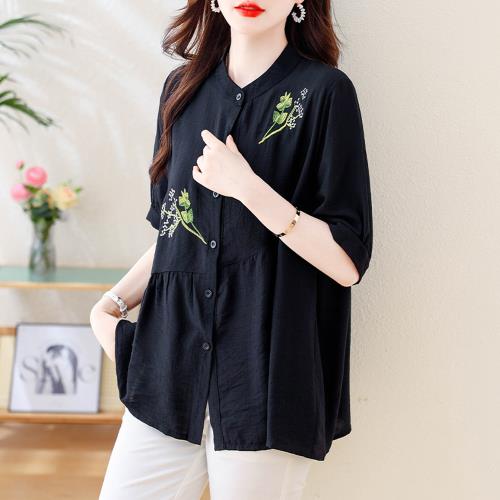 【ALLK 歐楷】新品 繡花雪紡衫長上衣 黑色(尺寸L-XXL/中大尺碼/涼爽/透氣)