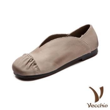 【VECCHIO】全真皮拼接V口舒適低跟便鞋/全真皮頭層牛皮手工縫線拼接V口舒適低跟便鞋 女鞋 米