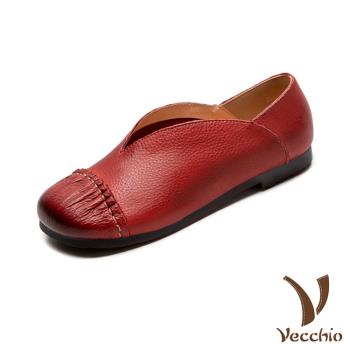 【VECCHIO】全真皮拼接V口舒適低跟便鞋/全真皮頭層牛皮手工縫線拼接V口舒適低跟便鞋 女鞋 紅