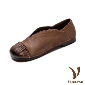 【VECCHIO】全真皮拼接V口舒適低跟便鞋/全真皮頭層牛皮手工縫線拼接V口舒適低跟便鞋 女鞋 棕