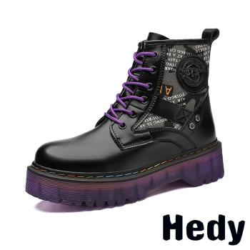【HEDY】印花拼接厚底馬丁靴/復古印花帆布拼接亮漆皮厚底潮流馬丁靴 女鞋 黑