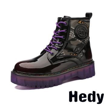 【HEDY】印花拼接厚底馬丁靴/復古印花帆布拼接亮漆皮厚底潮流馬丁靴 女鞋 酒紅