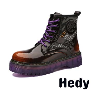 【HEDY】印花拼接厚底馬丁靴/復古印花帆布拼接亮漆皮厚底潮流馬丁靴 女鞋 咖