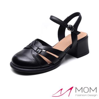 【MOM】全羊皮縷空花結粗跟涼鞋/全真皮頭層羊皮典雅縷空花結設計粗跟涼鞋 女鞋 黑