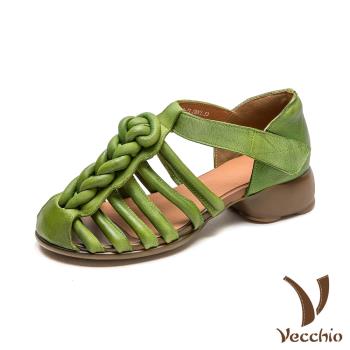 【VECCHIO】全真皮編織包頭粗跟羅馬涼鞋/全真皮頭層牛皮復古手工編織包頭粗跟羅馬涼鞋 女鞋 綠