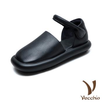 【VECCHIO】真皮軟麵包頭一字帶厚底涼鞋/真皮頭層牛皮軟麵包頭一字帶舒適厚底涼鞋 女鞋 黑