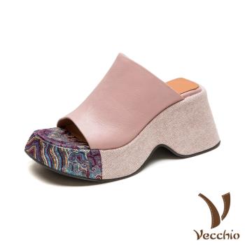 【VECCHIO】全真皮彩布刺繡厚底拖鞋/全真皮頭層牛皮彩布刺繡拼接純色經典鬆糕厚底拖鞋 女鞋 粉