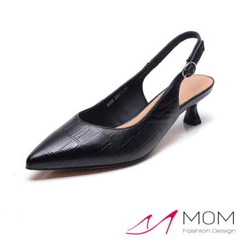 【MOM】羊皮壓紋尖頭高跟包頭涼鞋/全真皮羊皮典雅壓紋小尖頭高跟包頭涼鞋 女鞋 黑