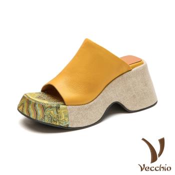 【VECCHIO】全真皮彩布刺繡厚底拖鞋/全真皮頭層牛皮彩布刺繡拼接純色經典鬆糕厚底拖鞋 女鞋 黃