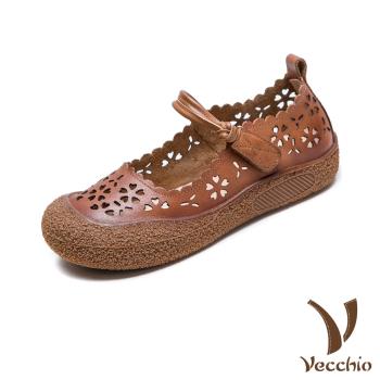 【VECCHIO】全真皮縷空花朵厚底娃娃鞋/全真皮頭層牛皮縷空花朵典雅厚底娃娃鞋 女鞋 棕