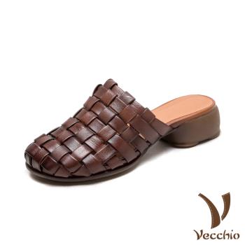 【VECCHIO】全真皮編織擦色包頭粗跟拖鞋/全真皮頭層牛皮手工編織復古擦色包頭粗跟拖鞋 女鞋 咖