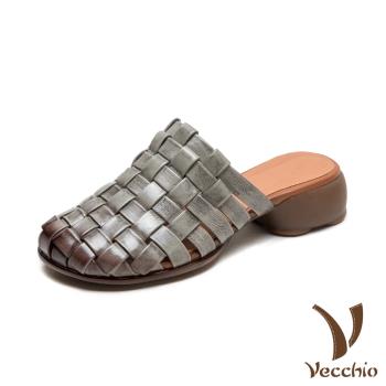 【VECCHIO】全真皮編織擦色包頭粗跟拖鞋/全真皮頭層牛皮手工編織復古擦色包頭粗跟拖鞋 女鞋 灰