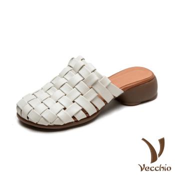 【VECCHIO】全真皮編織擦色包頭粗跟拖鞋/全真皮頭層牛皮手工編織復古擦色包頭粗跟拖鞋 女鞋 米