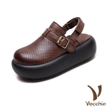 【VECCHIO】真皮透氣沖孔厚底包頭涼鞋/真皮頭層牛皮透氣沖孔圓頭厚底包頭涼鞋 女鞋 棕
