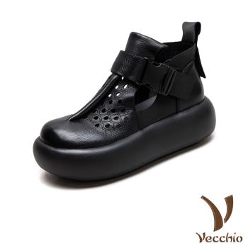【VECCHIO】全真皮縷空刻花釦飾厚底短靴/全真皮頭層牛皮縷空刻花復古釦飾鬆糕厚底短靴 涼靴 女鞋 黑