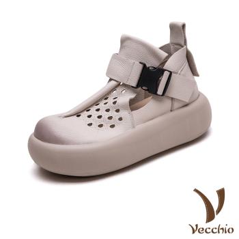 【VECCHIO】全真皮縷空刻花釦飾厚底短靴/全真皮頭層牛皮縷空刻花復古釦飾鬆糕厚底短靴 涼靴 女鞋 米