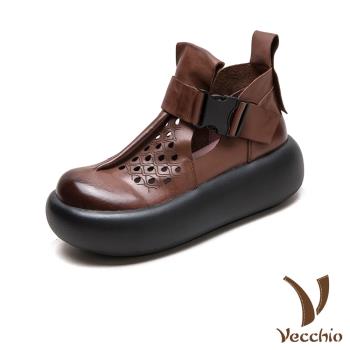 【VECCHIO】全真皮縷空刻花釦飾厚底短靴/全真皮頭層牛皮縷空刻花復古釦飾鬆糕厚底短靴 涼靴 女鞋 棕