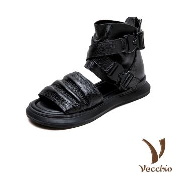 【VECCHIO】真皮釦帶厚底羅馬涼鞋/真皮頭層牛皮復古時尚釦帶厚底羅馬涼鞋 涼靴 女鞋 黑