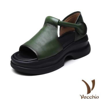 【VECCHIO】真皮包根魔鬼粘厚底休閒涼鞋/真皮頭層牛皮手工包根魔鬼粘厚底休閒涼鞋 女鞋 綠