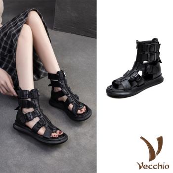 【VECCHIO】真皮釦帶厚底羅馬涼鞋/真皮頭層牛皮帥氣時尚釦帶厚底羅馬涼鞋 涼靴 女鞋 黑