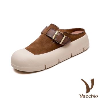 【VECCHIO】真皮個性釦飾厚底包頭拖鞋/真皮頭層牛皮個性釦飾厚底包頭拖鞋 女鞋 棕