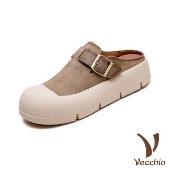 【VECCHIO】真皮個性釦飾厚底包頭拖鞋/真皮頭層牛皮個性釦飾厚底包頭拖鞋 女鞋 卡其